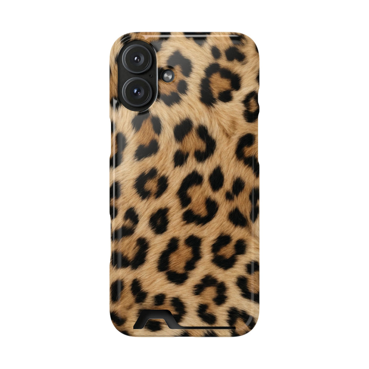 Classic Leopard phone case with card holder for iPhone 16 Plus, glossy finish