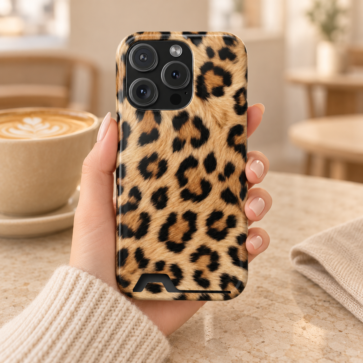 Classic Leopard phone case with card holder, classic tan and black leopard print, lifestyle photo in hand with coffee