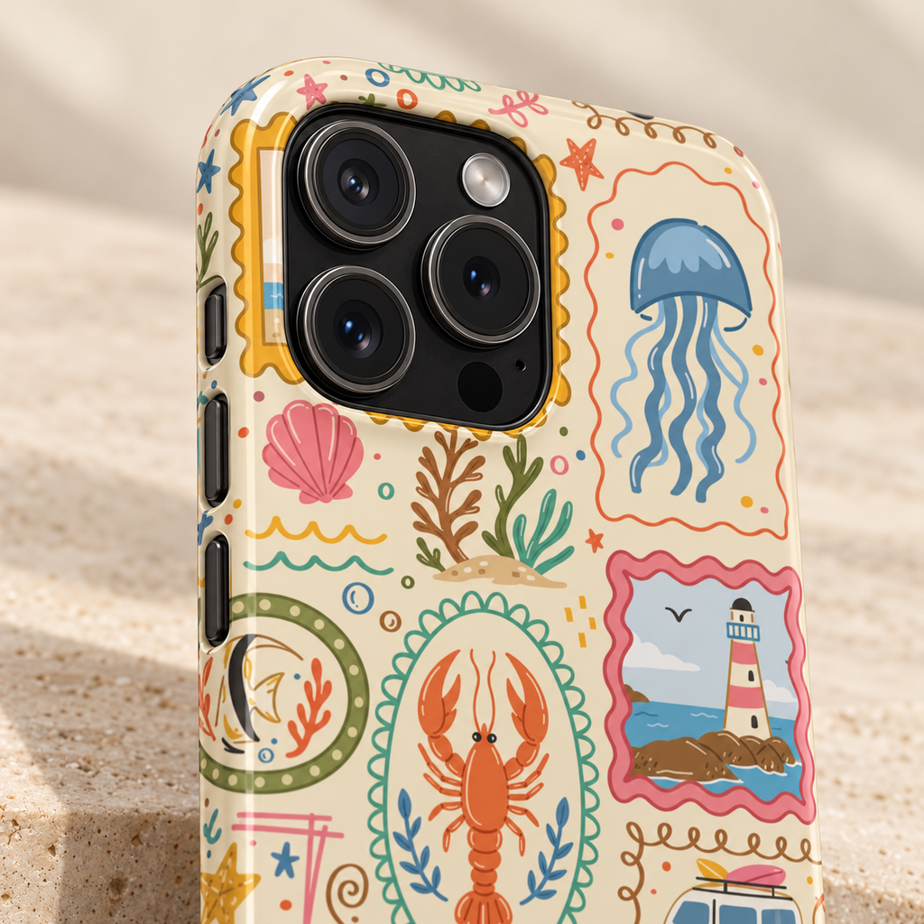 Coastal Postcard protective phone case, seaside stamps with jellyfish, lobsters and lighthouses, lifestyle close-up of the camera