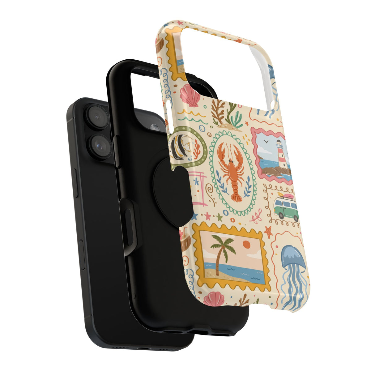 Coastal Postcard protective phone case, close-up of the dual-layer construction