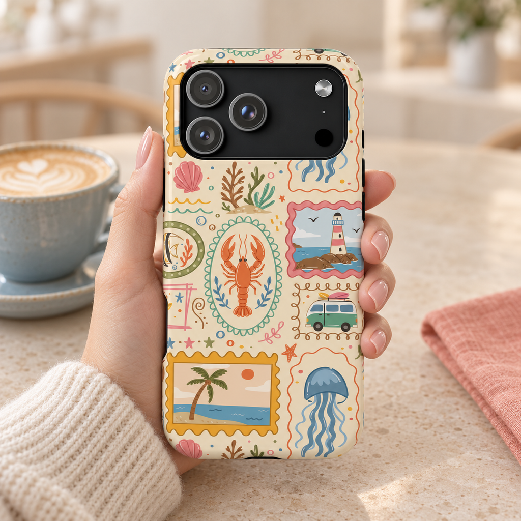 Coastal Postcard MagSafe case, seaside stamps with jellyfish, lobsters and lighthouses, lifestyle photo in hand with coffee
