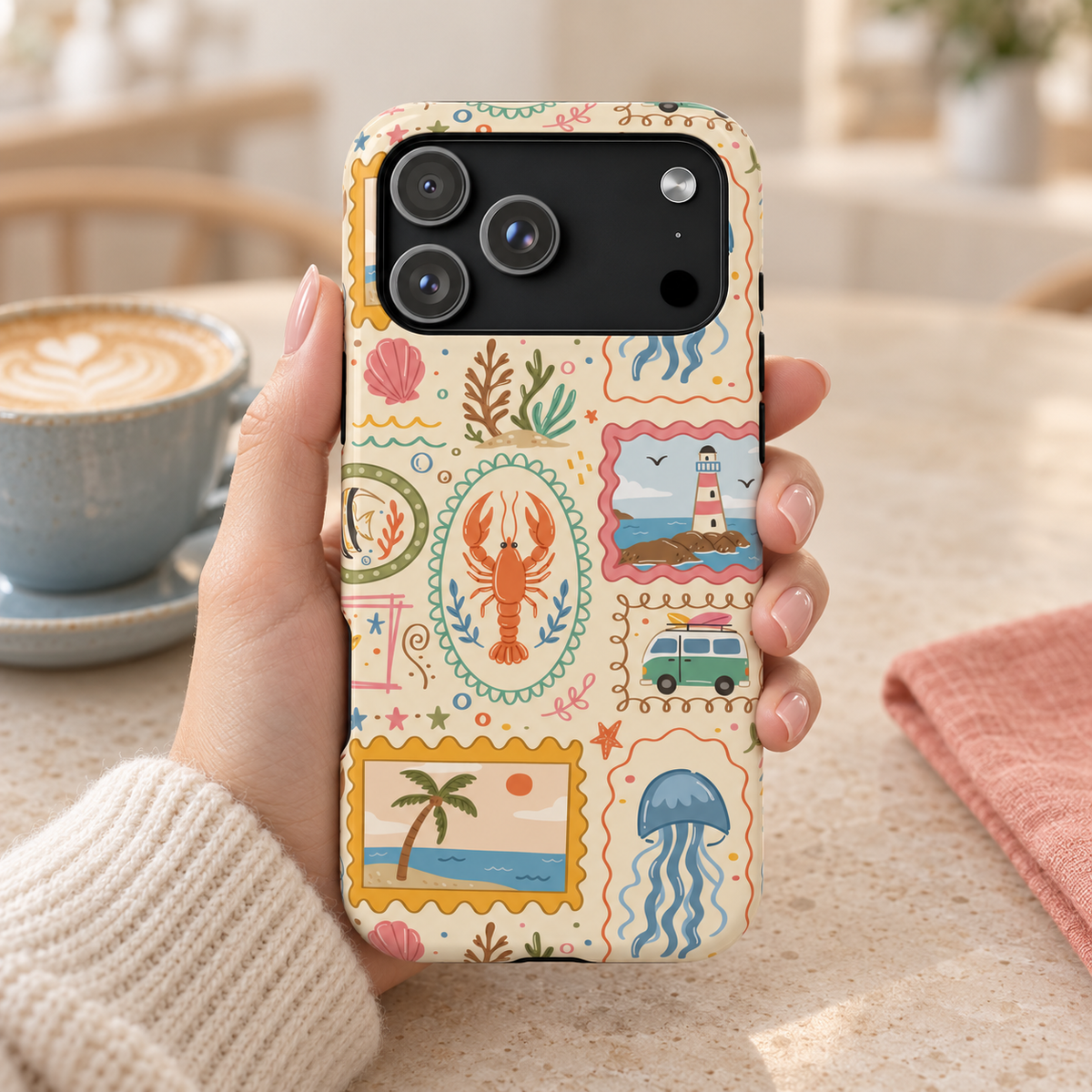 Coastal Postcard MagSafe case, seaside stamps with jellyfish, lobsters and lighthouses, lifestyle photo in hand with coffee