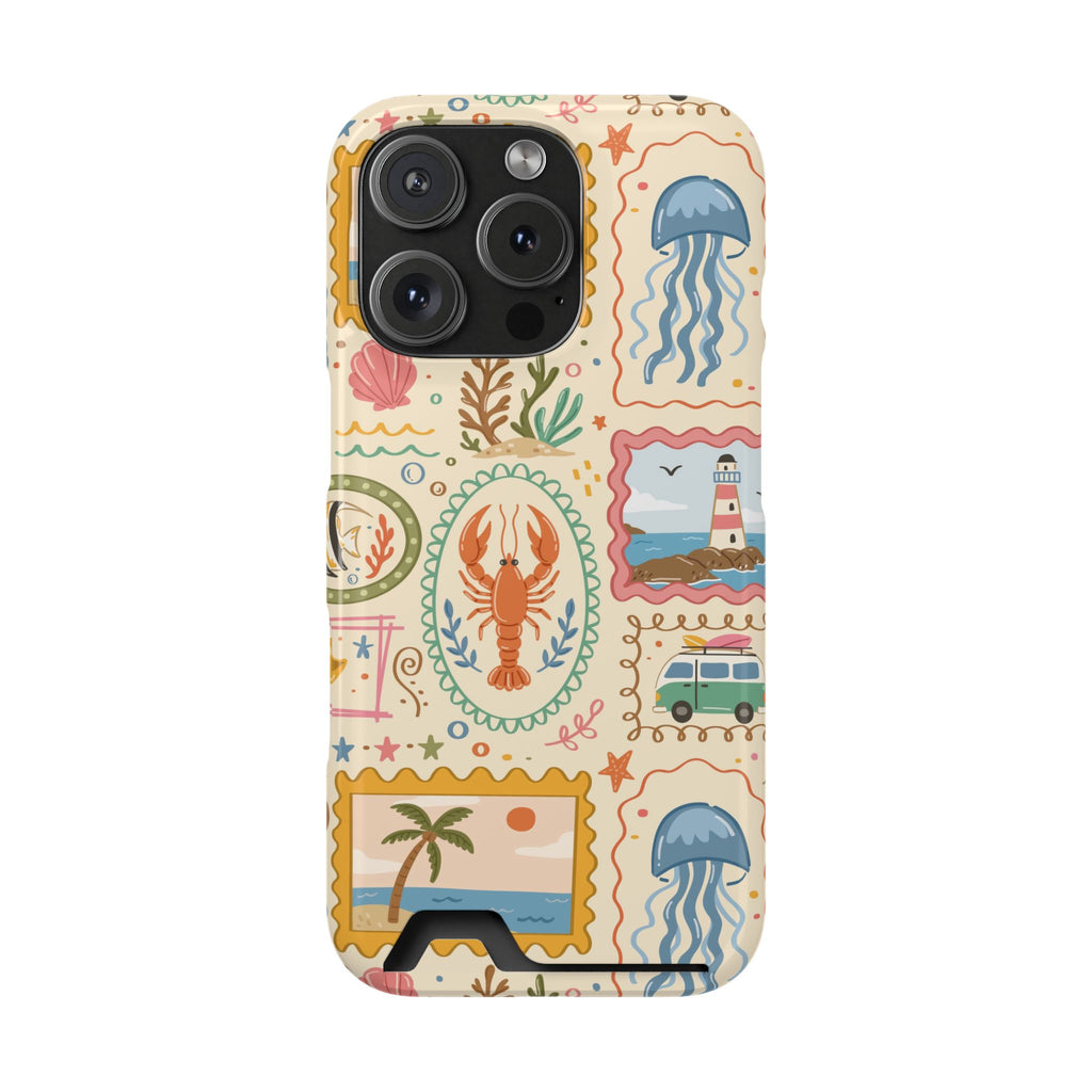 Coastal Postcard phone case with card holder for iPhone 16 Pro, glossy finish