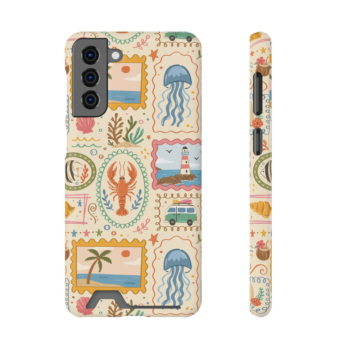 Coastal Postcard phone case with card holder for Samsung Galaxy S21 Plus, glossy finish