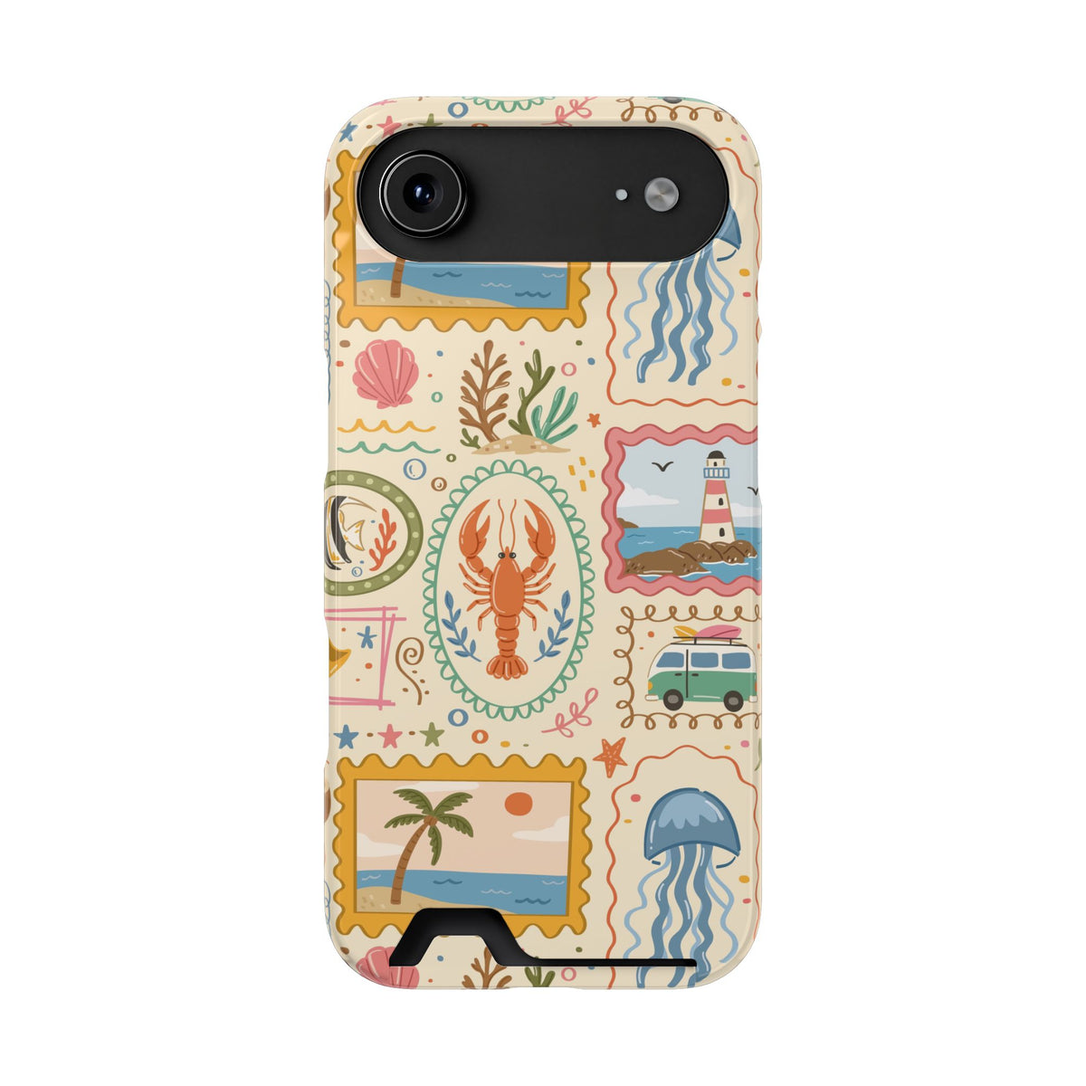 Coastal Postcard phone case with card holder for iPhone 17 Air, glossy finish