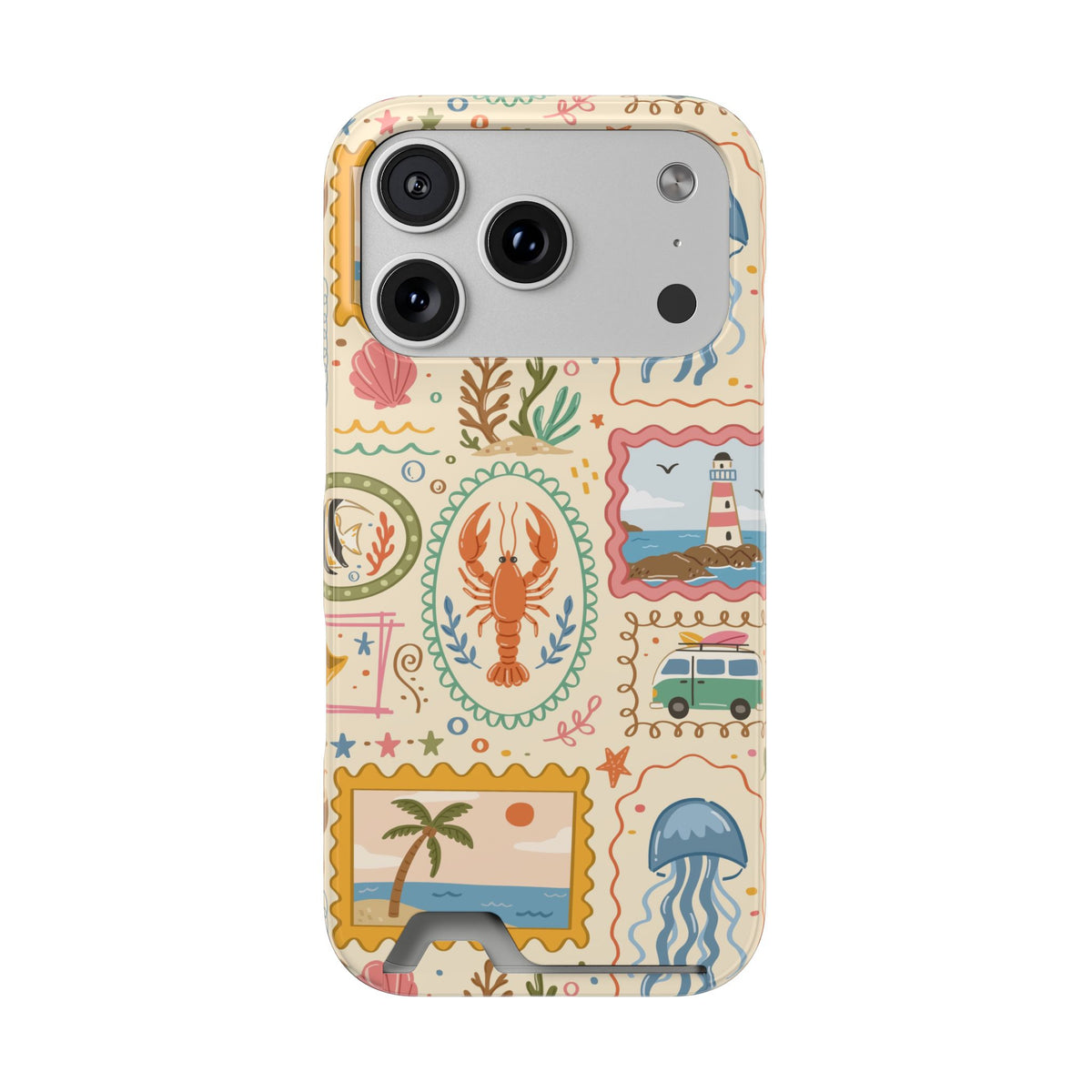 Coastal Postcard phone case with card holder for iPhone 17 Pro, glossy finish