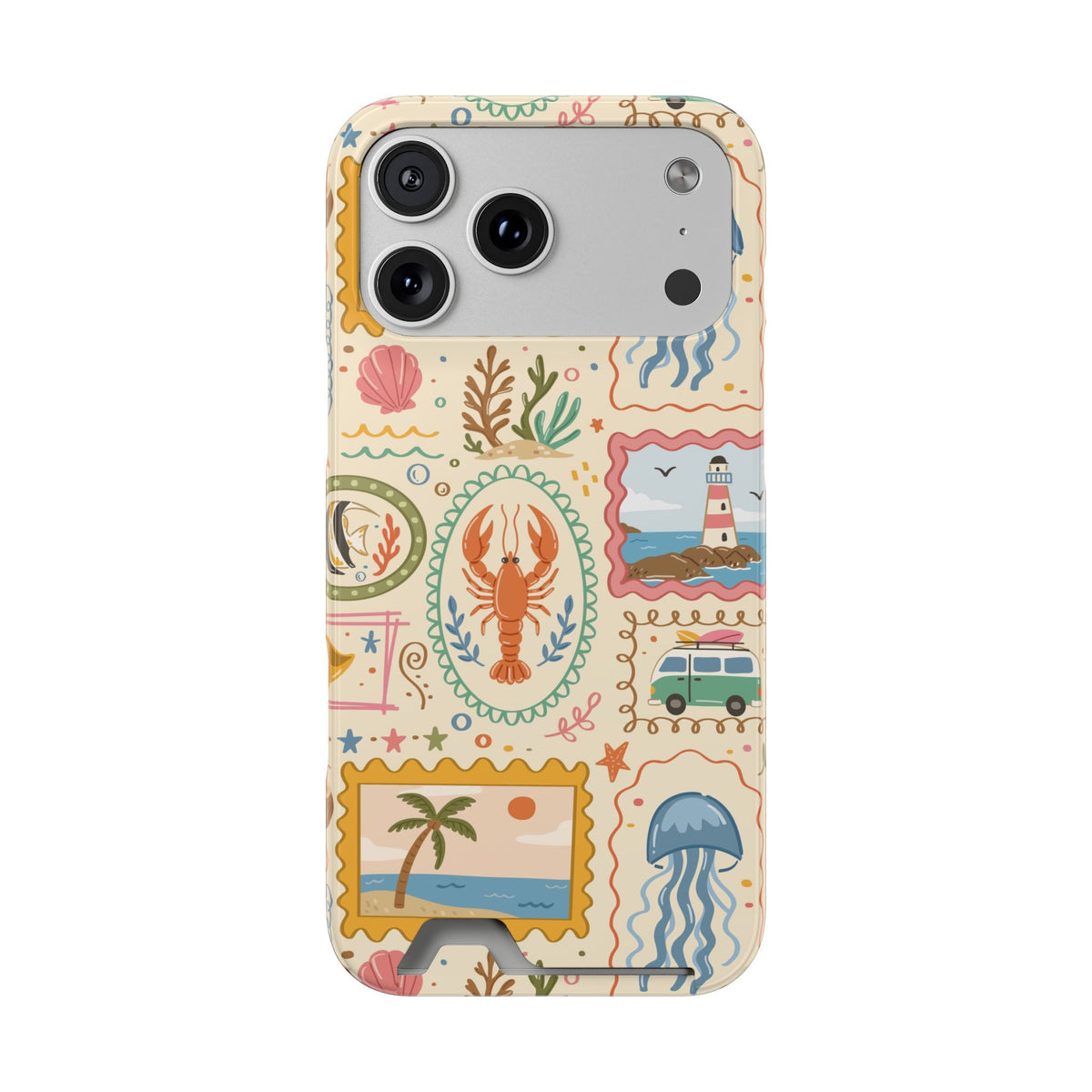 Coastal Postcard phone case with card holder for iPhone 17 Pro Max, glossy finish