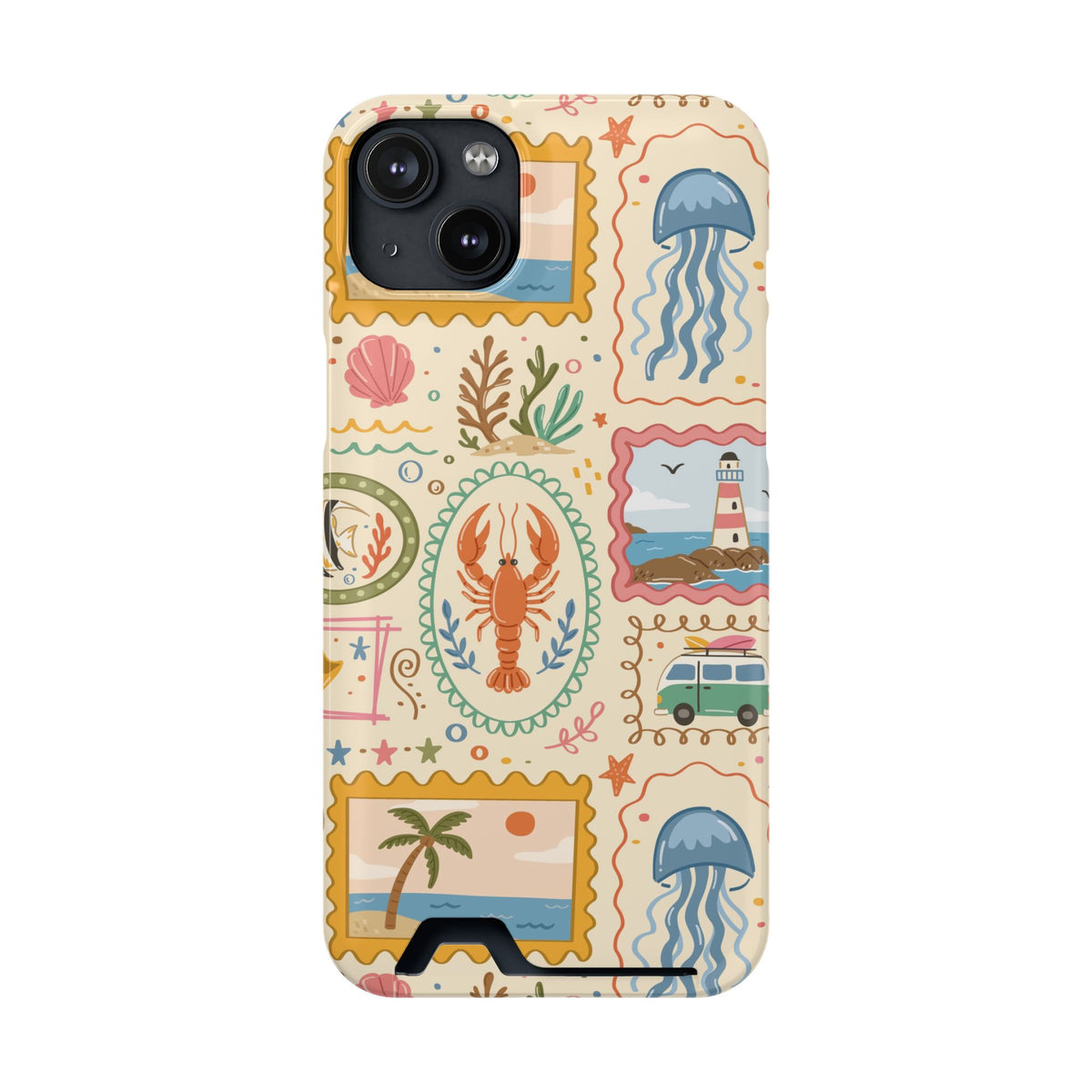 Coastal Postcard phone case with card holder for iPhone 14 Plus, glossy finish