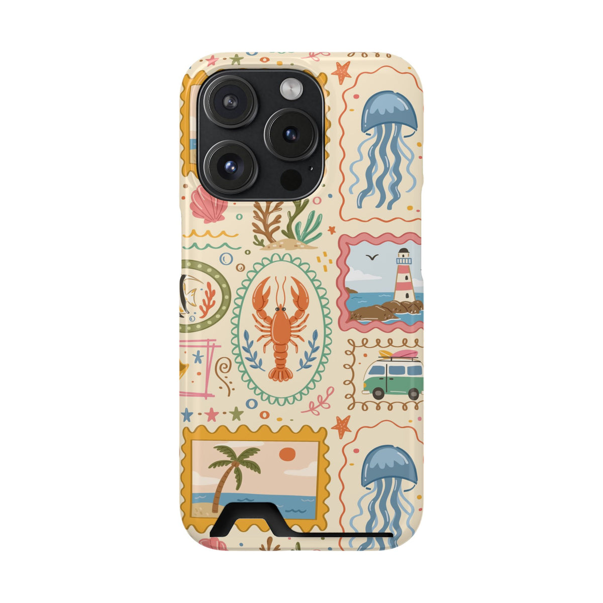 Coastal Postcard phone case with card holder for iPhone 15 Pro, glossy finish