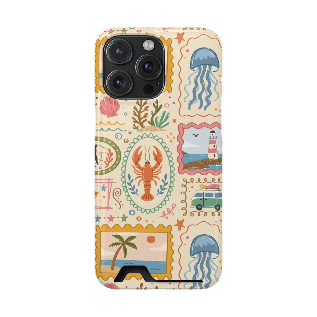 Coastal Postcard phone case with card holder for iPhone 15 Pro Max, glossy finish