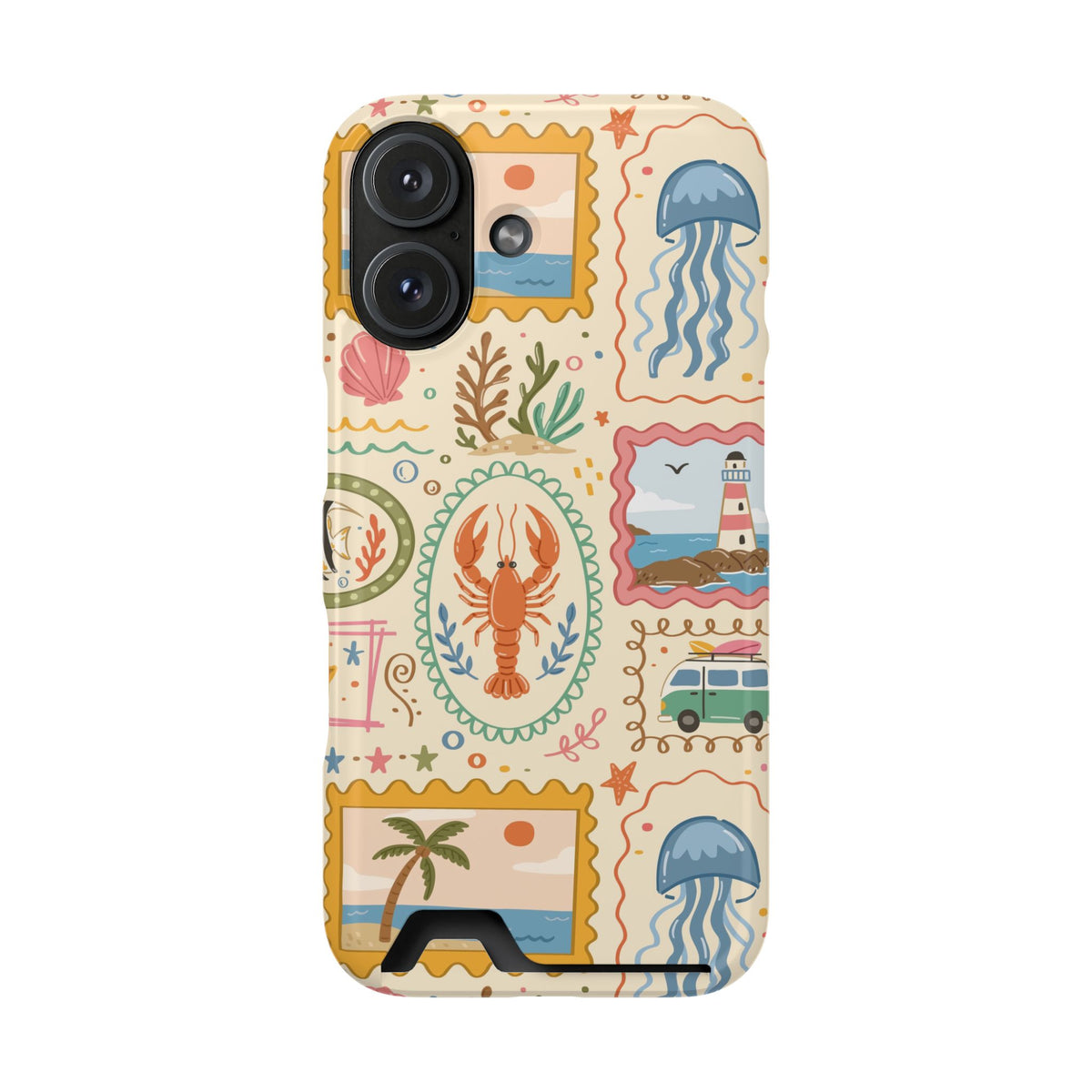 Coastal Postcard phone case with card holder for iPhone 16, glossy finish
