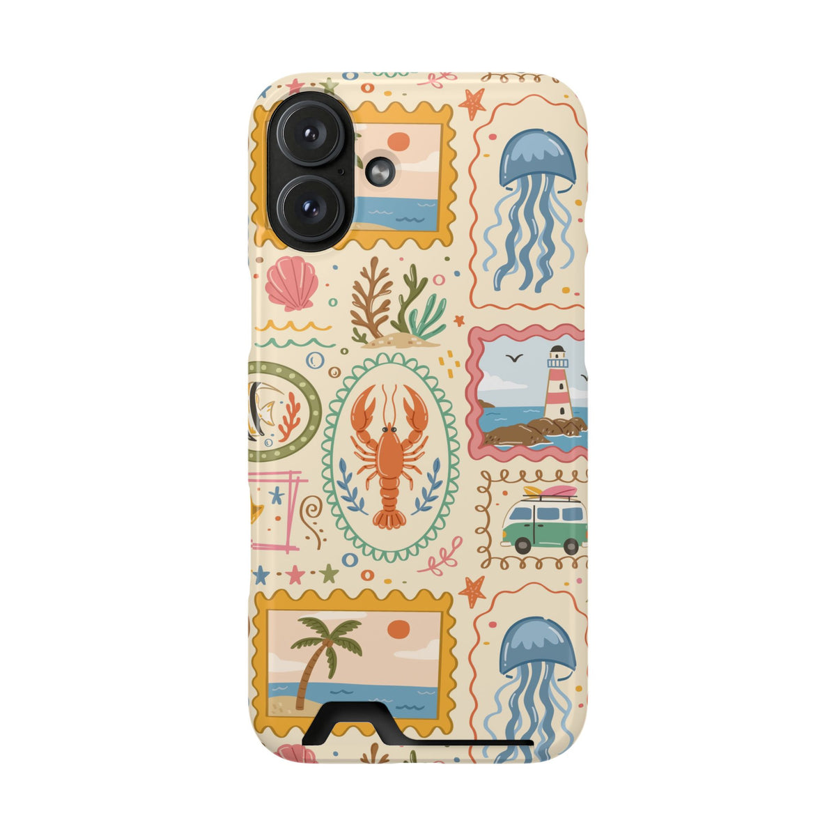 Coastal Postcard phone case with card holder for iPhone 16 Plus, glossy finish