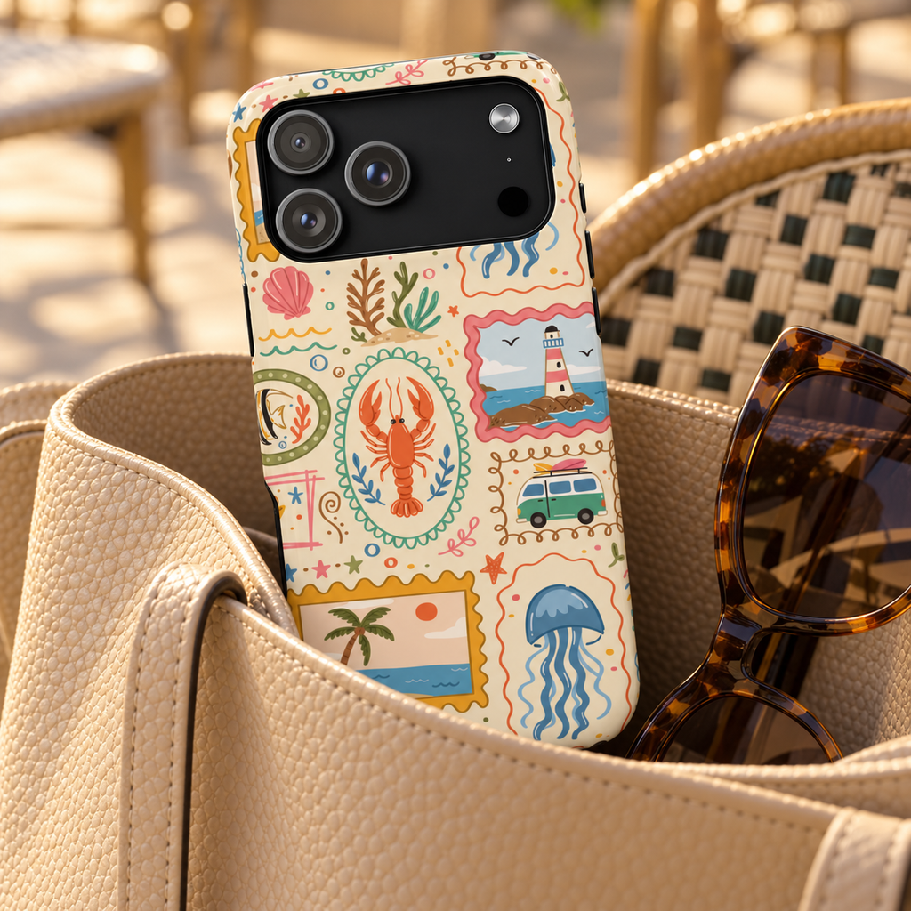 Coastal Postcard phone case with card holder, seaside stamps with jellyfish, lobsters and lighthouses, lifestyle photo in a handbag