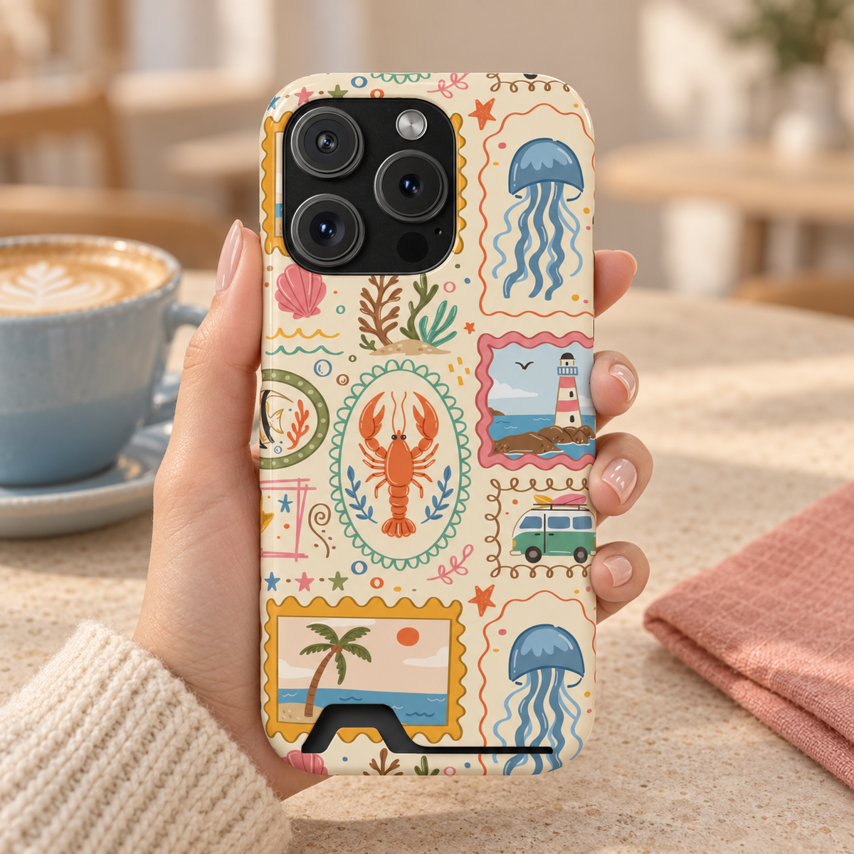 Coastal Postcard phone case with card holder, seaside stamps with jellyfish, lobsters and lighthouses, lifestyle photo in hand with coffee
