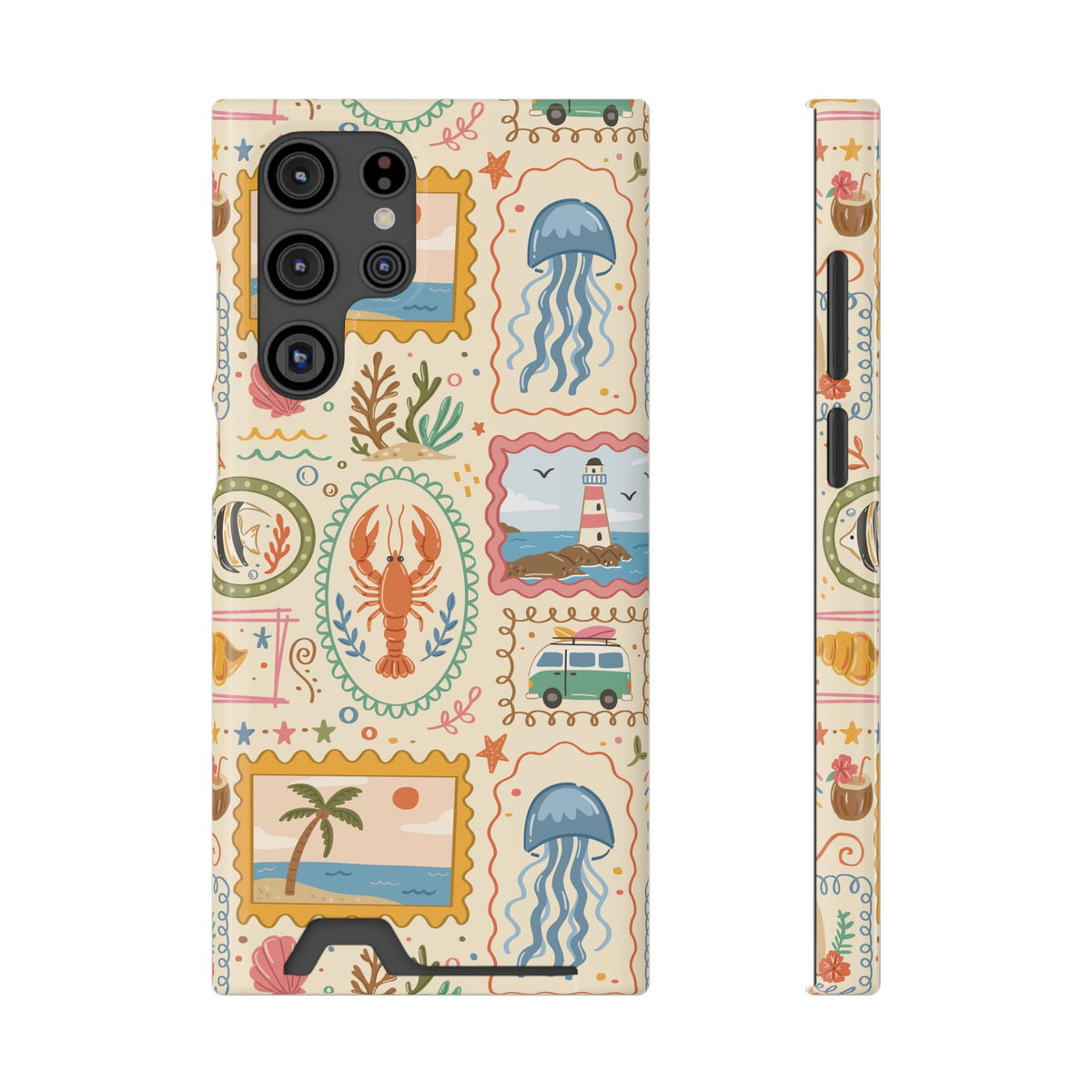 Coastal Postcard phone case with card holder for Samsung Galaxy S22 Ultra, glossy finish