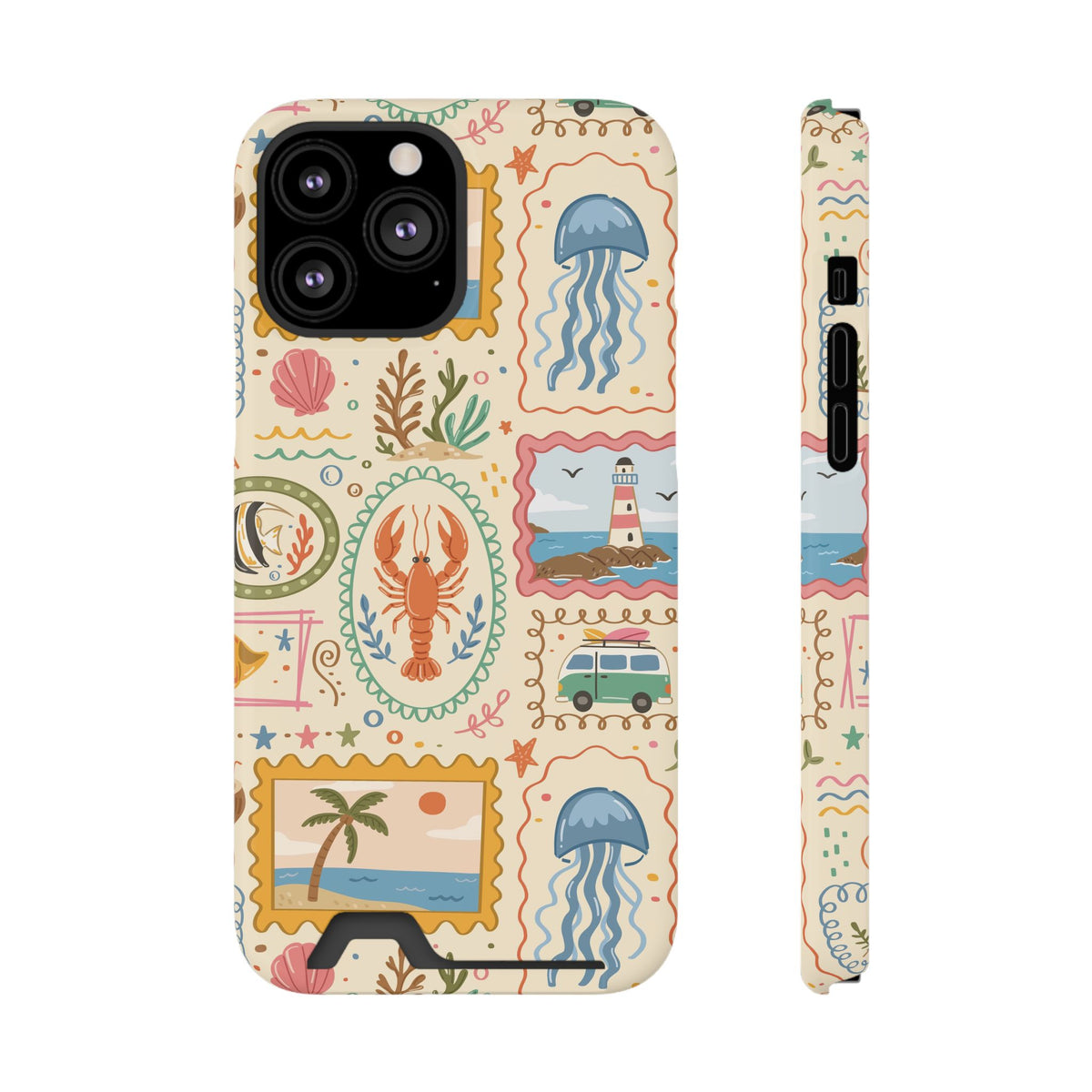 Coastal Postcard phone case with card holder for iPhone 13 Pro Max, glossy finish