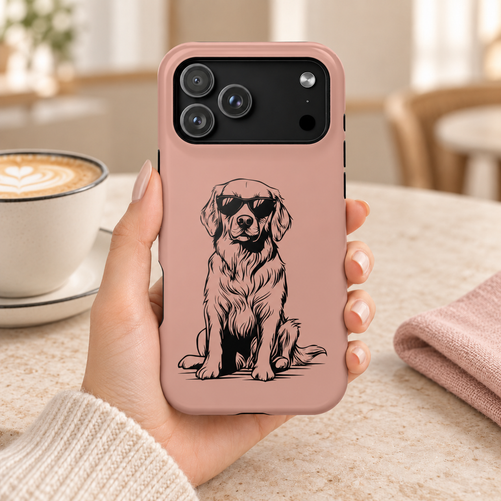Cool Pup protective phone case, a line-drawn retriever in shades on dusty pink, lifestyle photo in hand with coffee