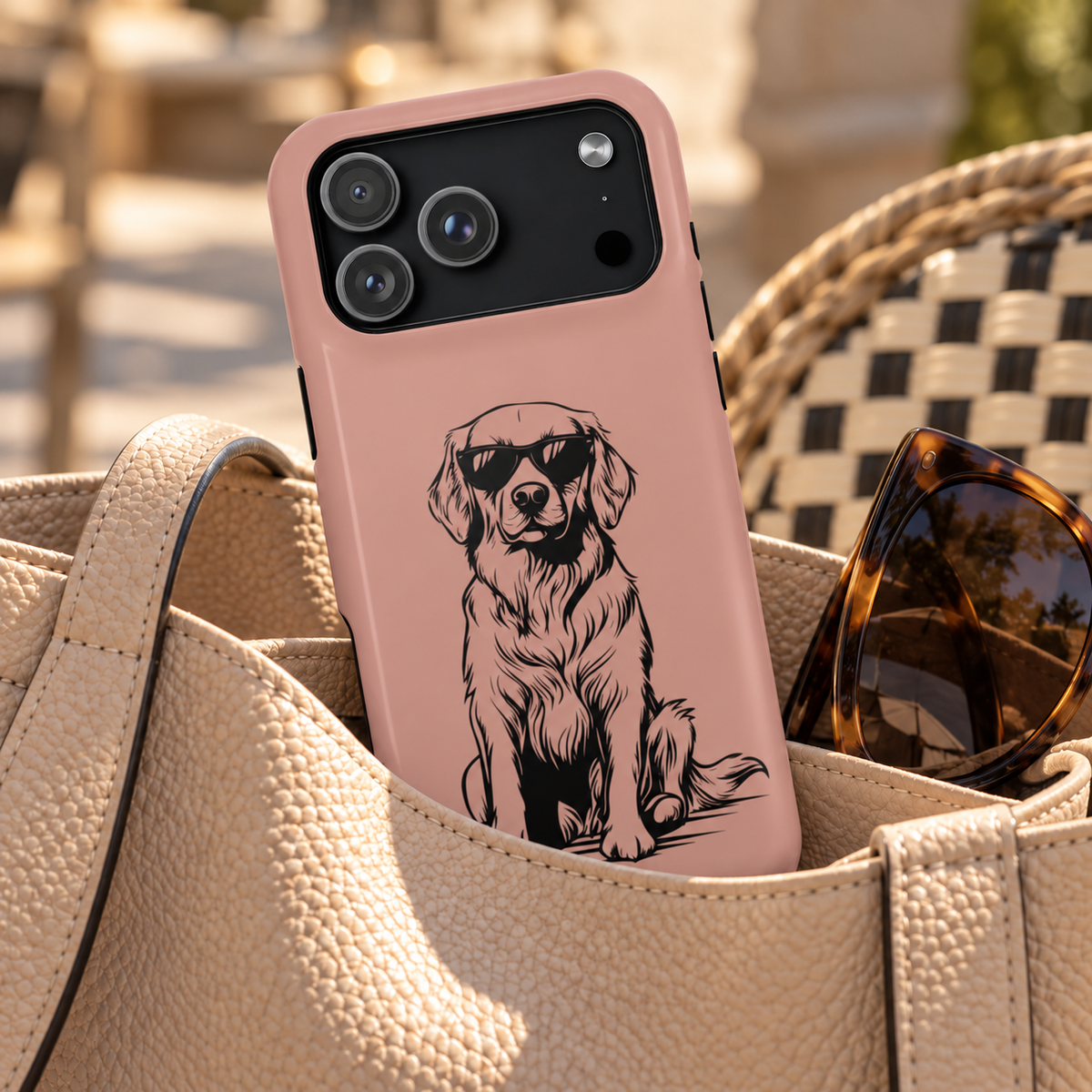 Cool Pup phone case with card holder, a line-drawn retriever in shades on dusty pink, lifestyle photo in a handbag