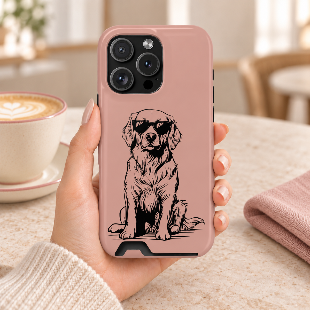 Cool Pup phone case with card holder, a line-drawn retriever in shades on dusty pink, lifestyle photo in hand with coffee