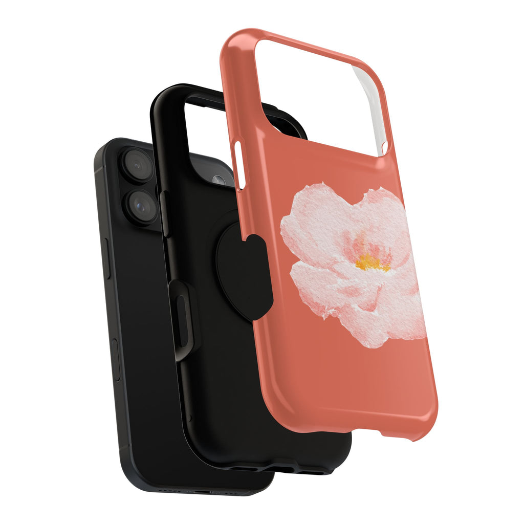 Coral Peony protective phone case, close-up of the dual-layer construction