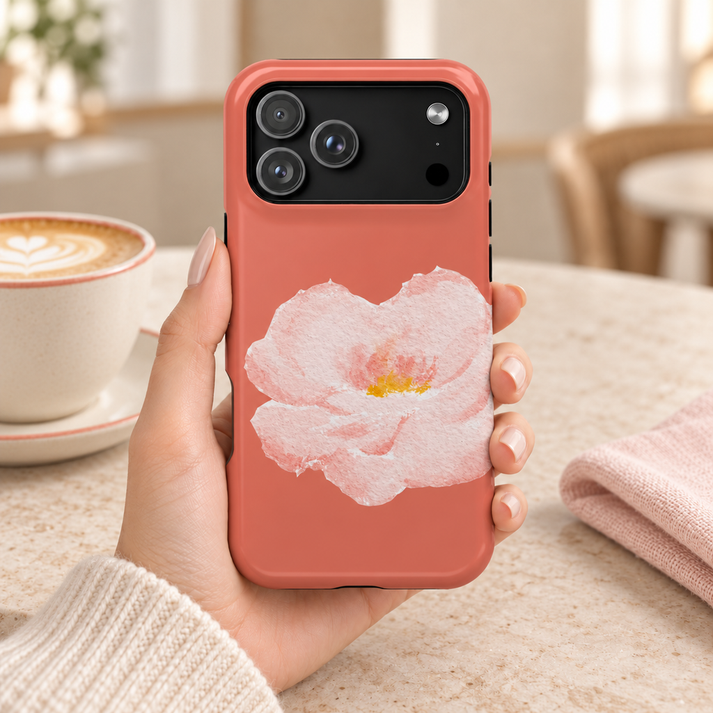 Coral Peony MagSafe case, a soft pink peony on coral, lifestyle photo in hand with coffee