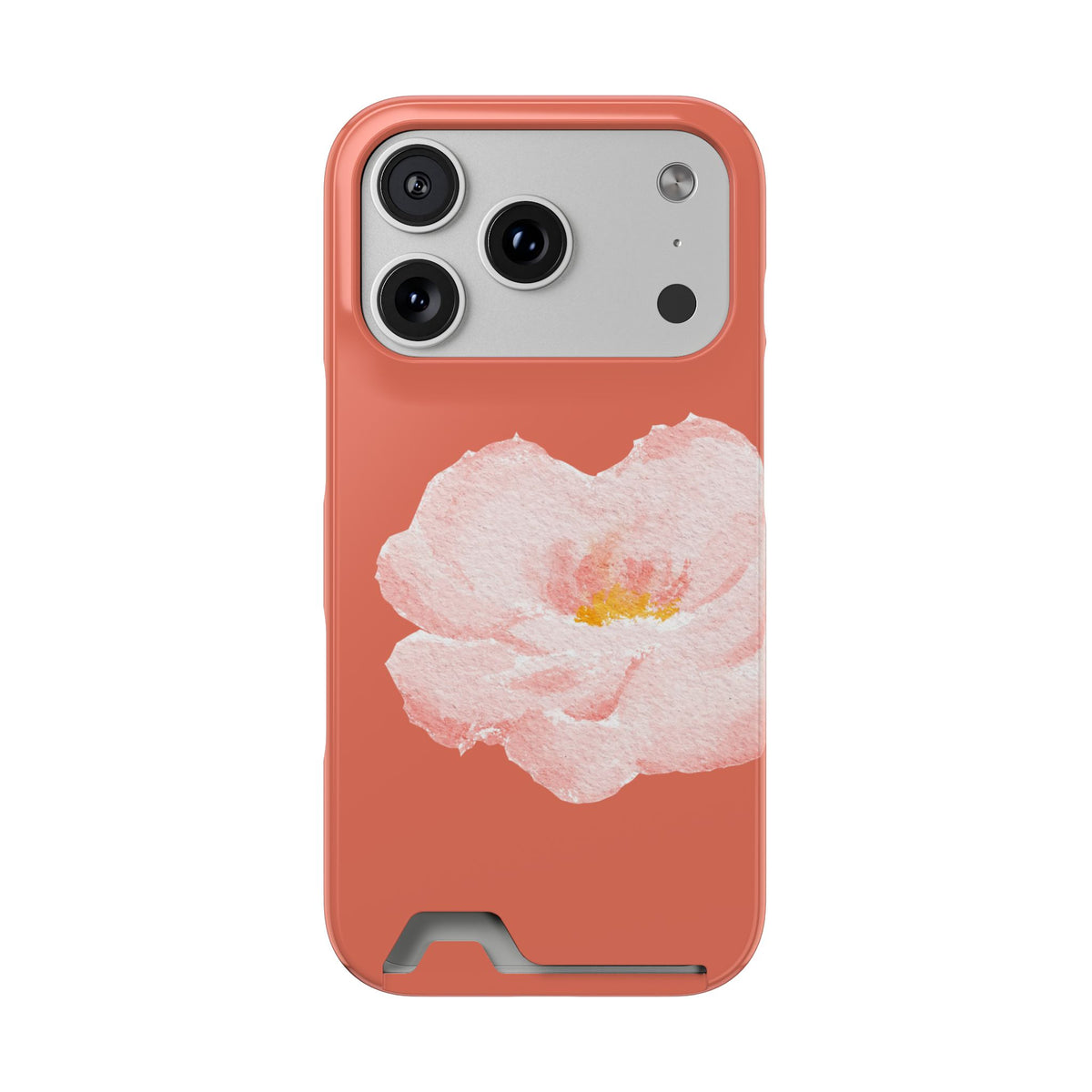 Coral Peony phone case with card holder for iPhone 17 Pro, glossy finish