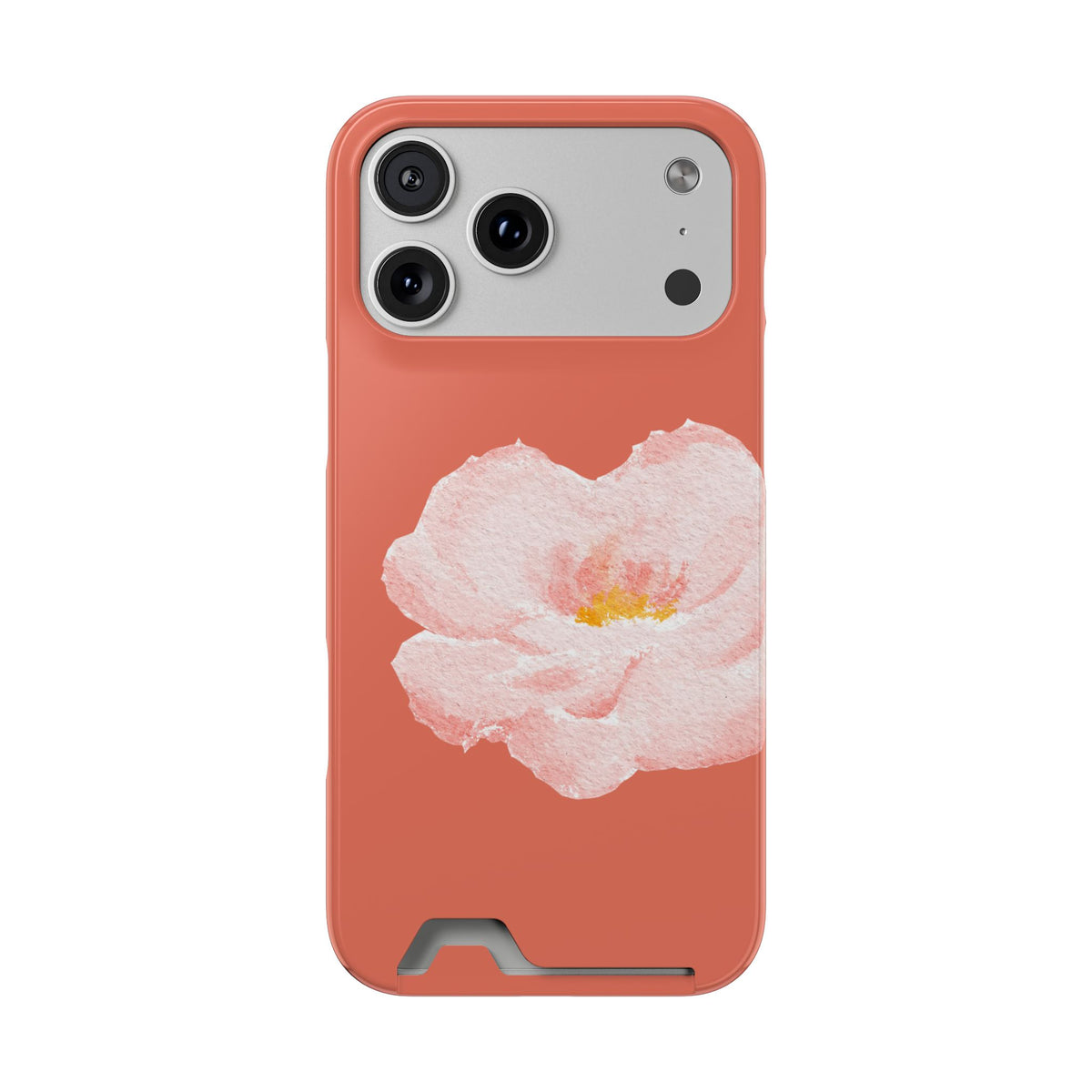 Coral Peony phone case with card holder for iPhone 17 Pro Max, glossy finish