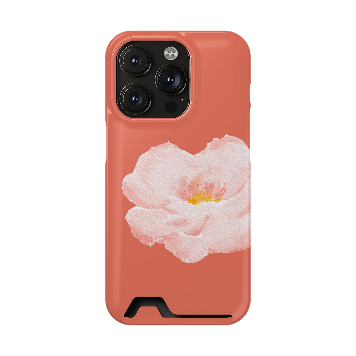 Coral Peony phone case with card holder for iPhone 14 Pro, glossy finish