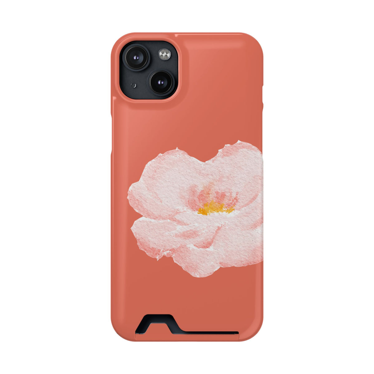 Coral Peony phone case with card holder for iPhone 14 Plus, glossy finish