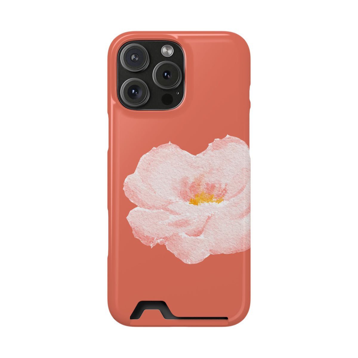 Coral Peony phone case with card holder for iPhone 16 Pro Max, glossy finish