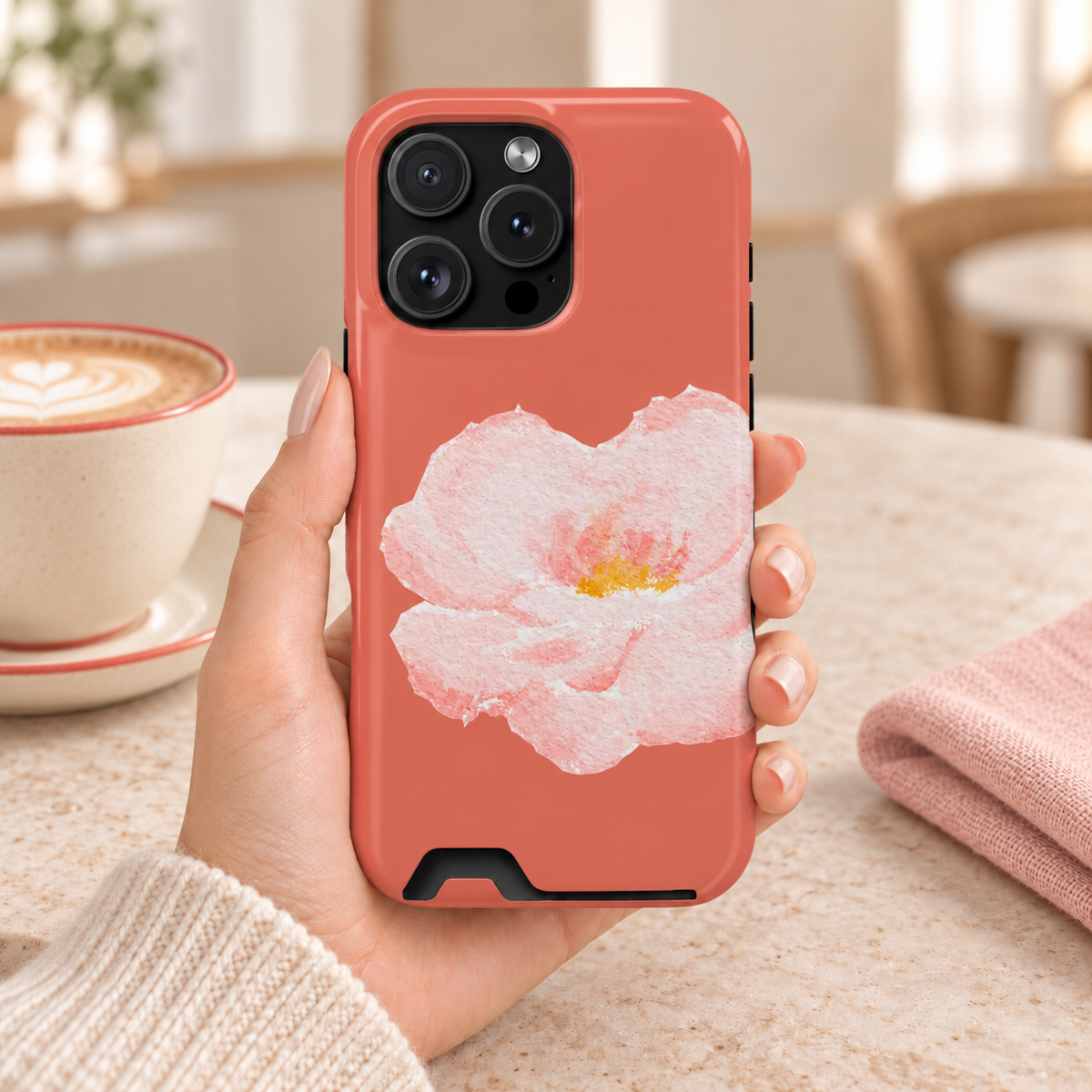 Coral Peony phone case with card holder, a soft pink peony on coral, lifestyle photo in hand with coffee