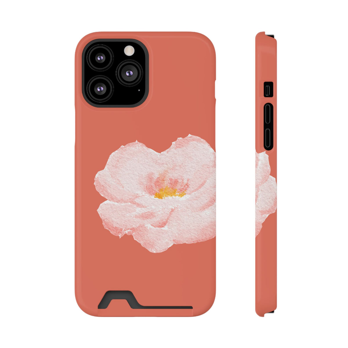 Coral Peony phone case with card holder for iPhone 13 Pro Max, glossy finish