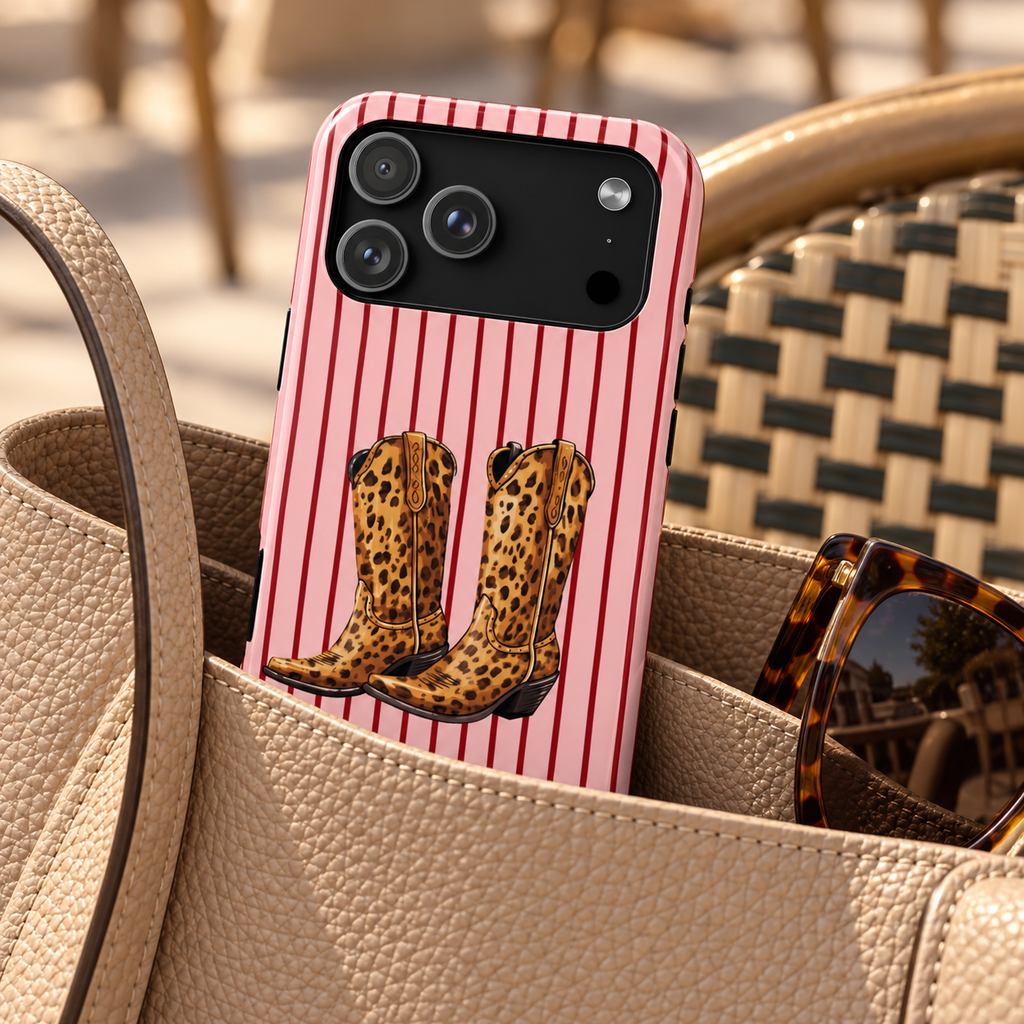 Cowgirl Boots protective phone case, leopard cowgirl boots on pink pinstripes, lifestyle photo in a handbag