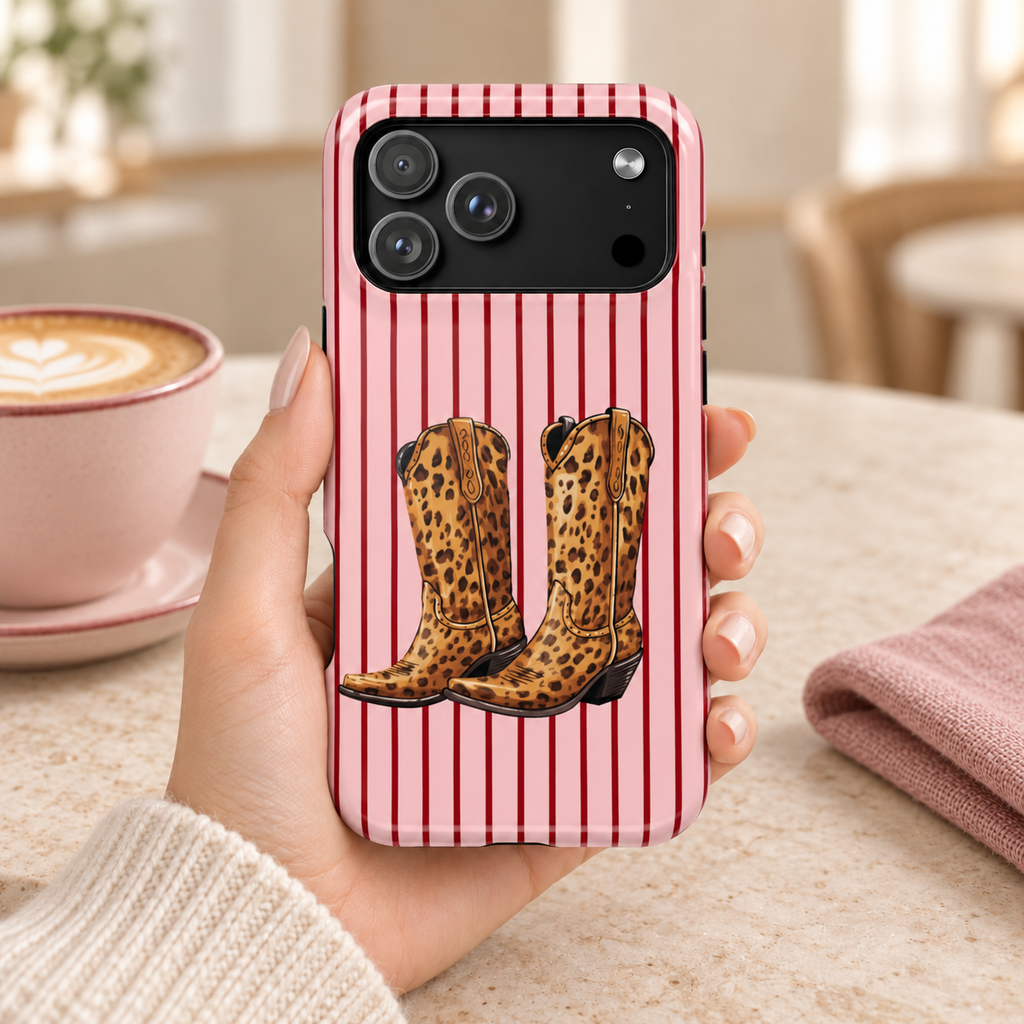 Cowgirl Boots protective phone case, leopard cowgirl boots on pink pinstripes, lifestyle photo in hand with coffee