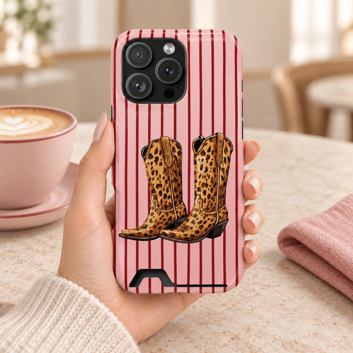 Cowgirl Boots phone case with card holder, leopard cowgirl boots on pink pinstripes, lifestyle photo in hand with coffee