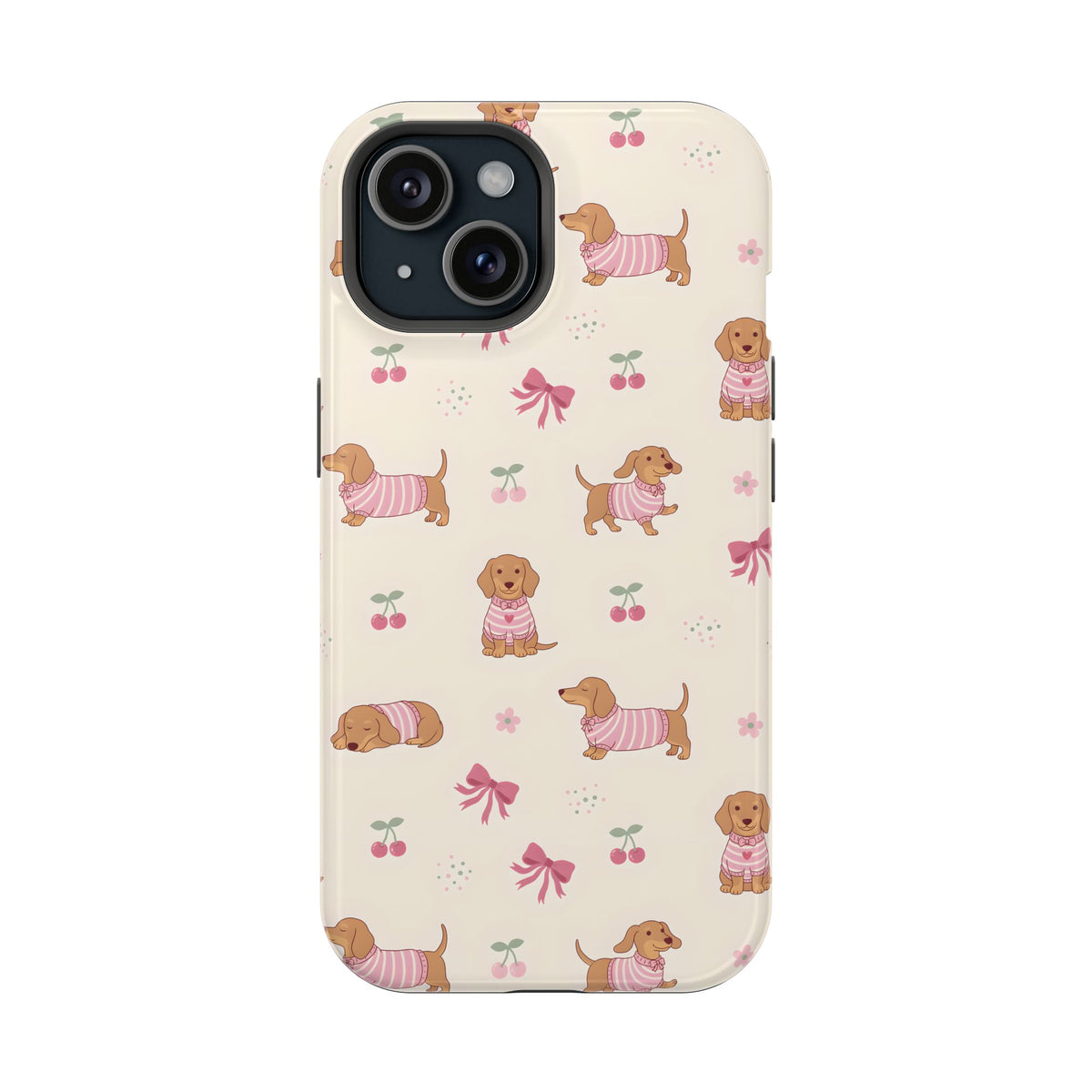 Dachshund Cherry protective phone case for iPhone 15, glossy finish