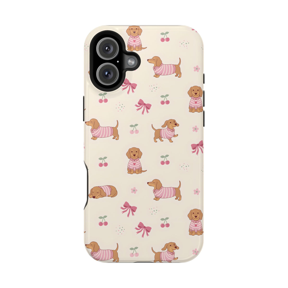 Dachshund Cherry protective phone case for iPhone 16 Plus, glossy finish