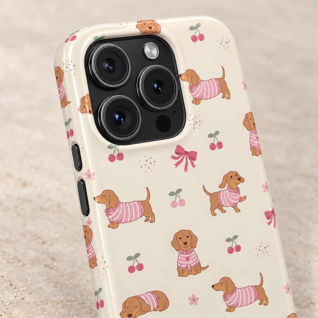 Dachshund Cherry protective phone case, dachshunds in pink sweaters with bows and cherries, lifestyle close-up of the camera