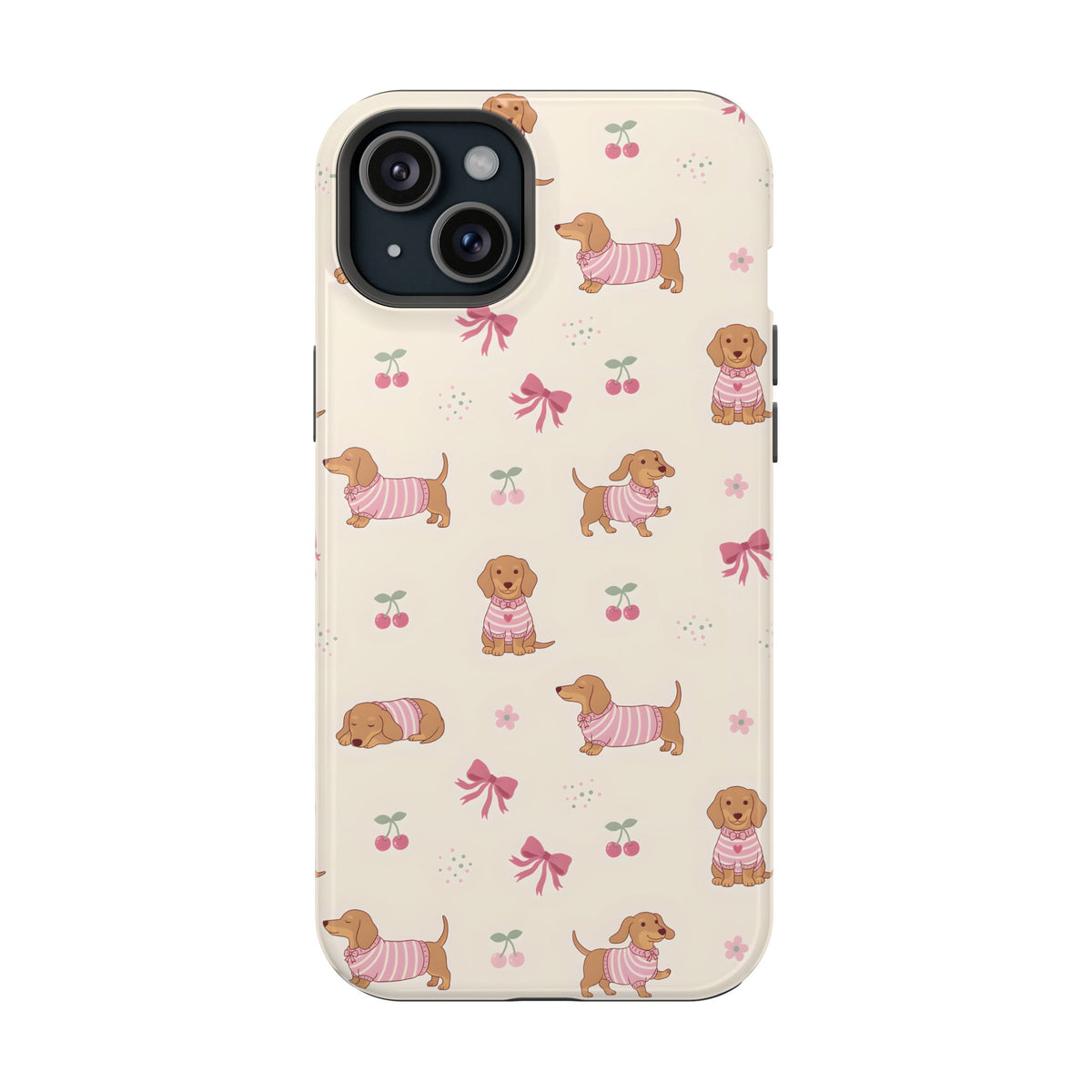 Dachshund Cherry MagSafe case for iPhone 15 Plus, glossy finish