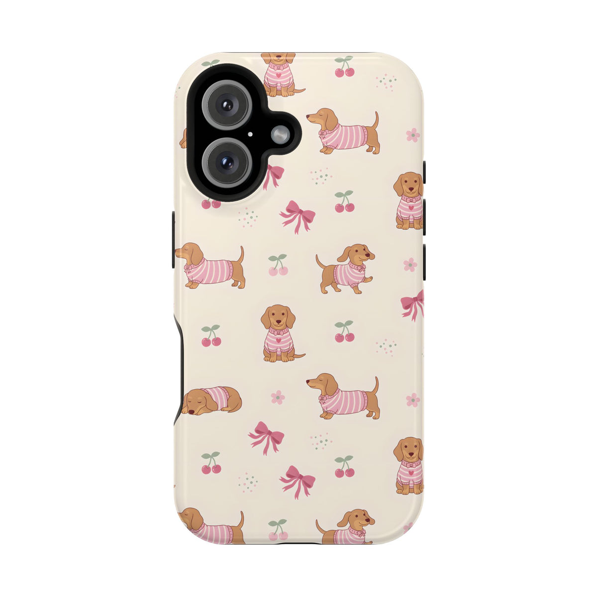 Dachshund Cherry MagSafe case for iPhone 16, glossy finish