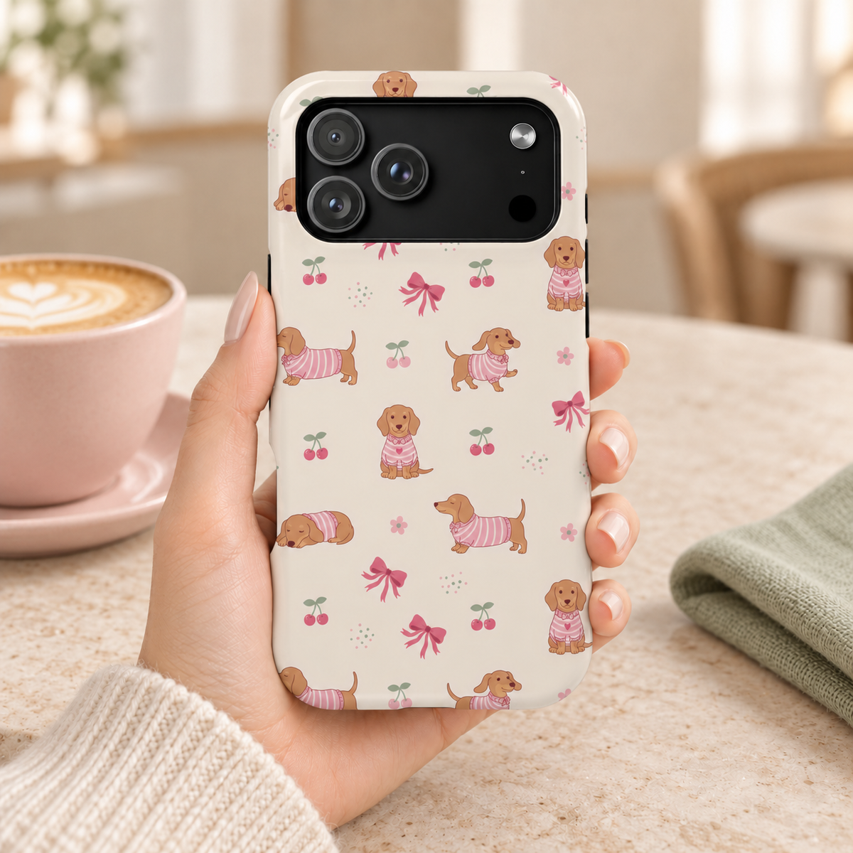 Dachshund Cherry MagSafe case, dachshunds in pink sweaters with bows and cherries, lifestyle photo in hand with coffee