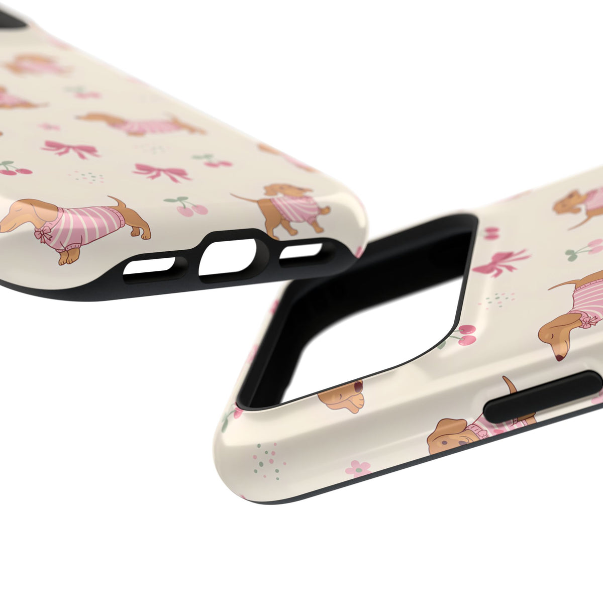 Dachshund Cherry MagSafe case, close-up at an angle