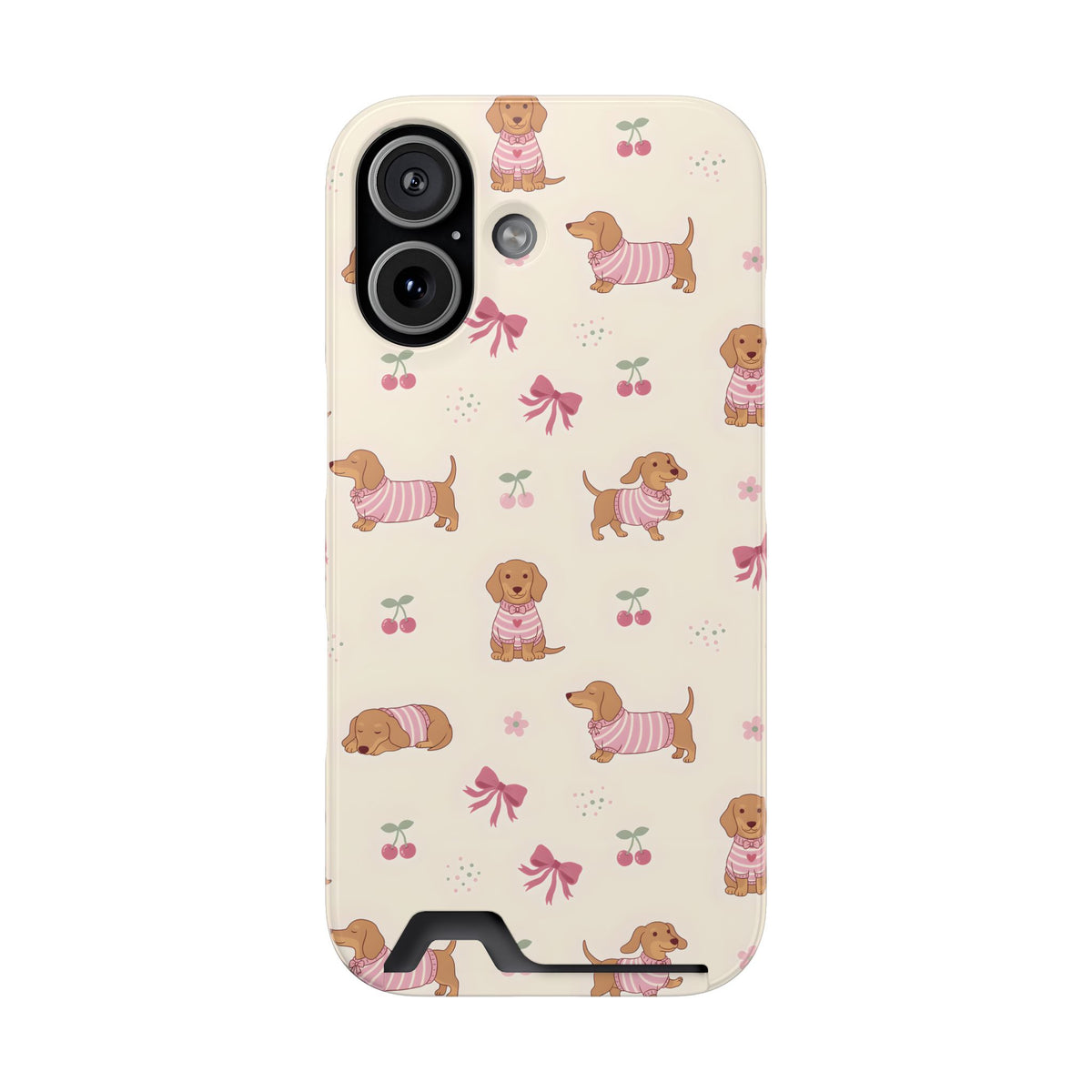 Dachshund Cherry phone case with card holder for iPhone 17, glossy finish