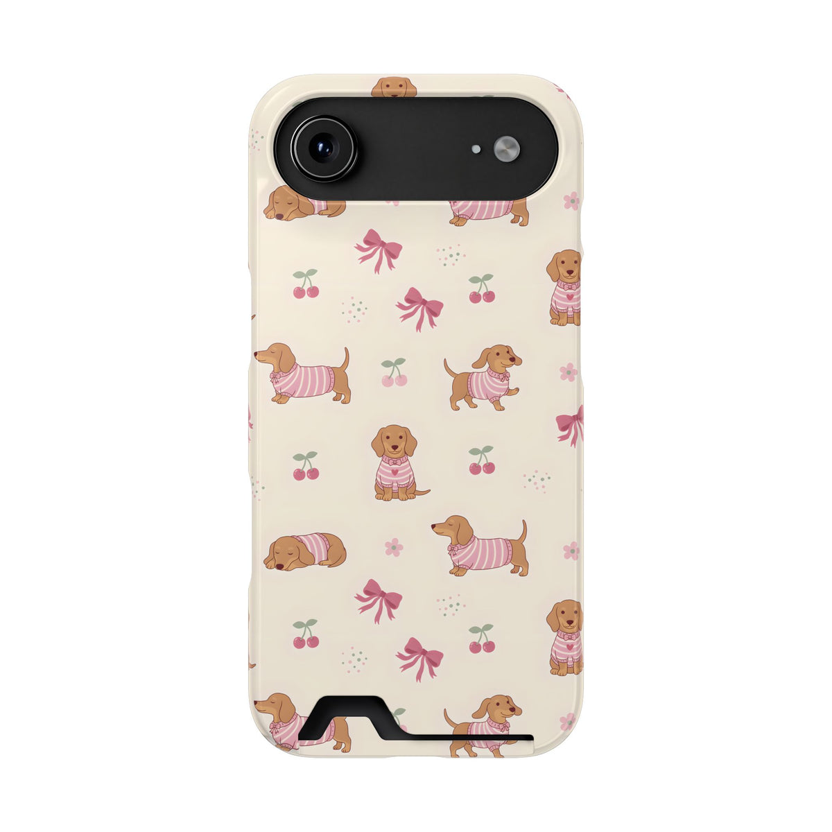 Dachshund Cherry phone case with card holder for iPhone 17 Air, glossy finish