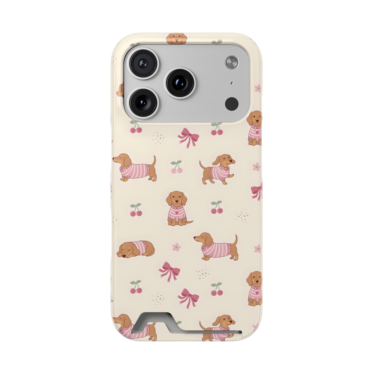 Dachshund Cherry phone case with card holder for iPhone 17 Pro, glossy finish