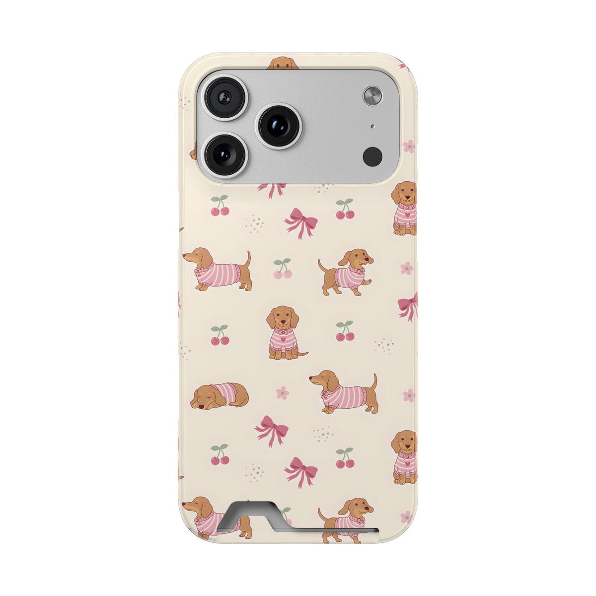 Dachshund Cherry phone case with card holder for iPhone 17 Pro Max, glossy finish