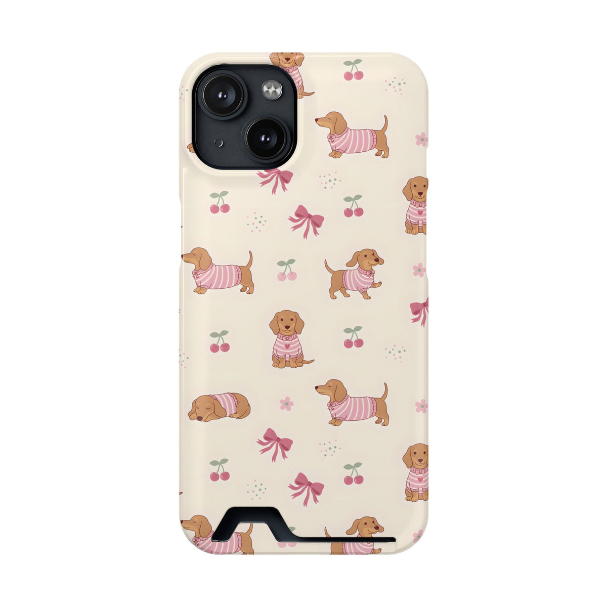 Dachshund Cherry phone case with card holder for iPhone 14, glossy finish