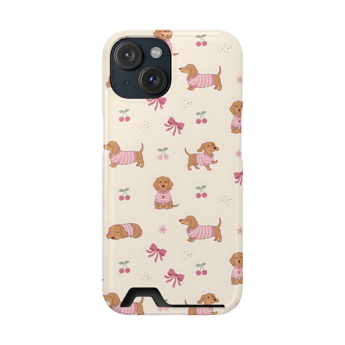 Dachshund Cherry phone case with card holder for iPhone 15, glossy finish
