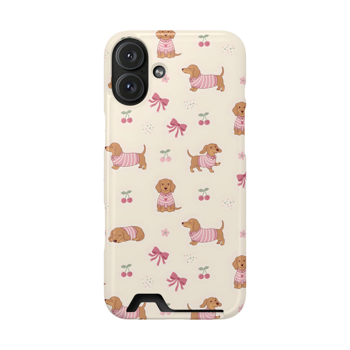 Dachshund Cherry phone case with card holder for iPhone 16 Plus, glossy finish