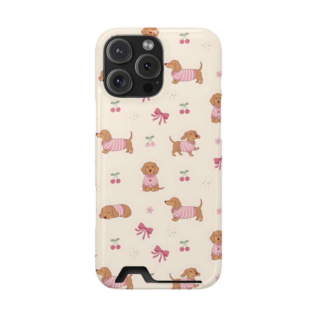 Dachshund Cherry phone case with card holder for iPhone 16 Pro Max, glossy finish